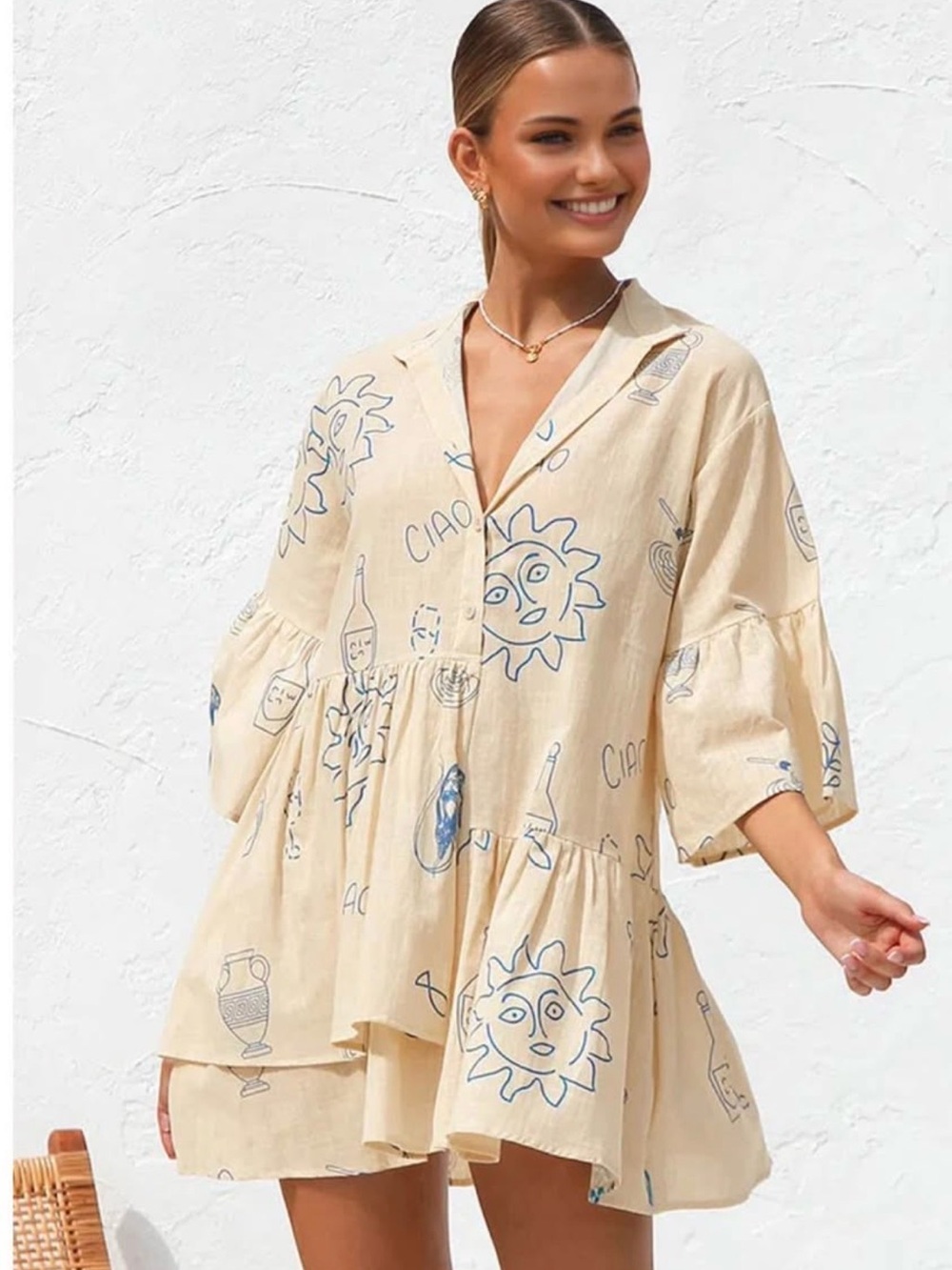 Commense Beige Tunic Dress with Blue Sun Motif